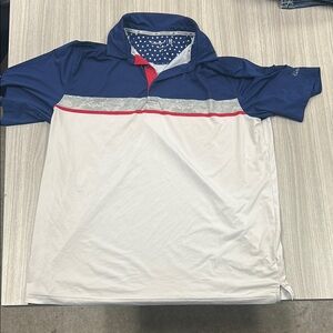 Navy and White Polo Golf Shirt with Red Stripe